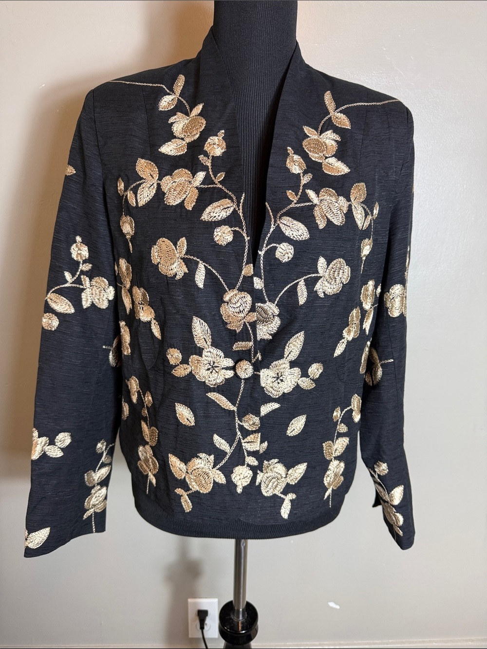 Vintage Silkland Black Silk Blend Blazer Jacket Gold Floral Vine Embroidery Sz L